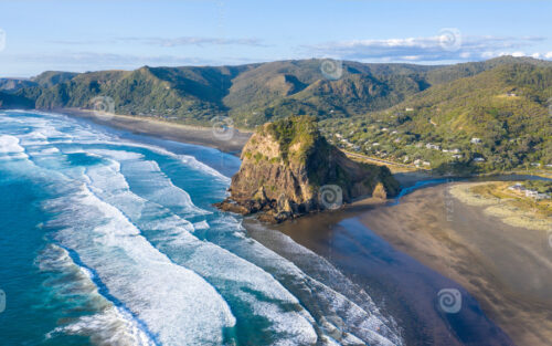 Centered Mountain in Piha with view of Houses, Dark Blue Ocean and Black Sand Beach - NZ Stock Photos